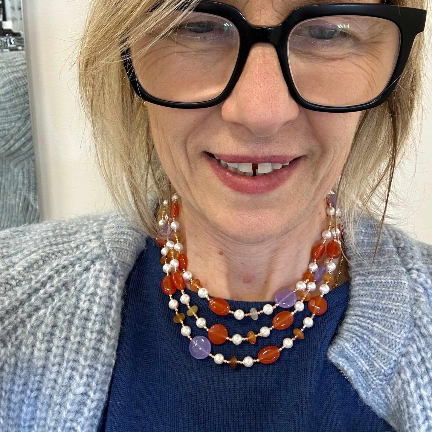 Collana in Giada Viola, Giada Arancio e Corniola con Perle ed Ematite Rosata