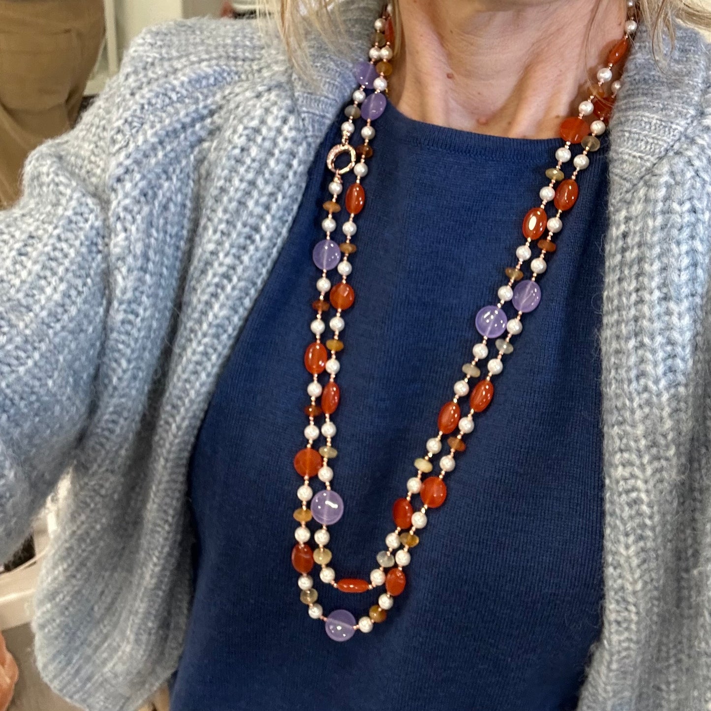 Collana in Giada Viola, Giada Arancio e Corniola con Perle ed Ematite Rosata