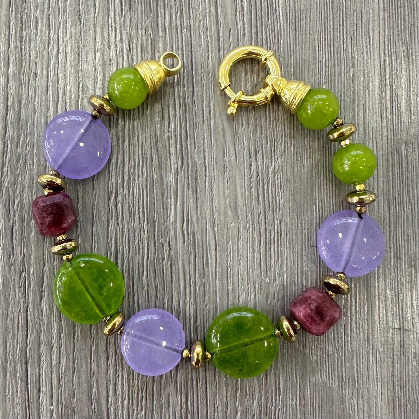 Bracciale in Argento con Giada Verde e Viola, Tormalina e Ematite Dorata