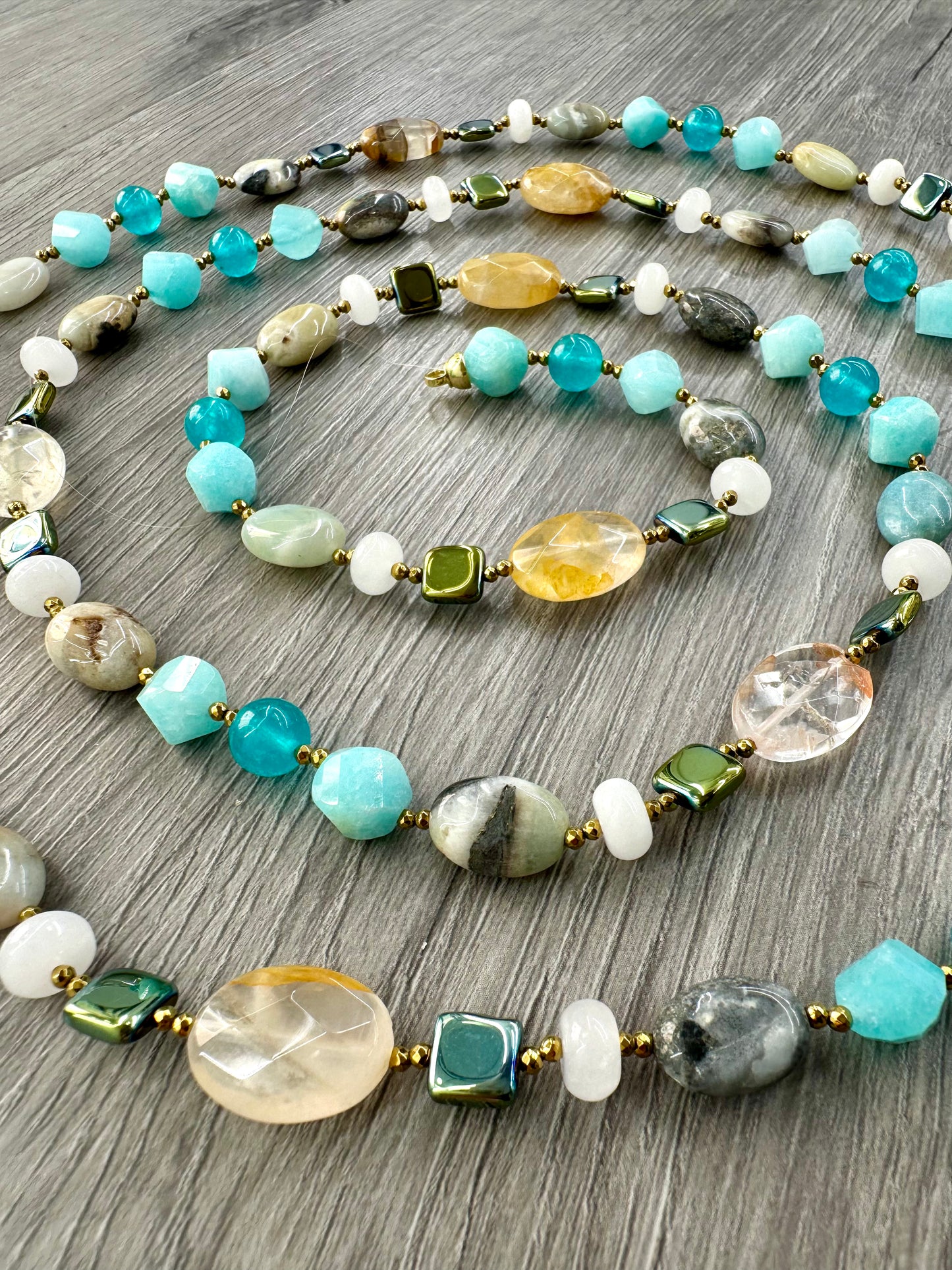 Collana in Argento con Quarzo Citrino, Amazzonite, Ematite Verde