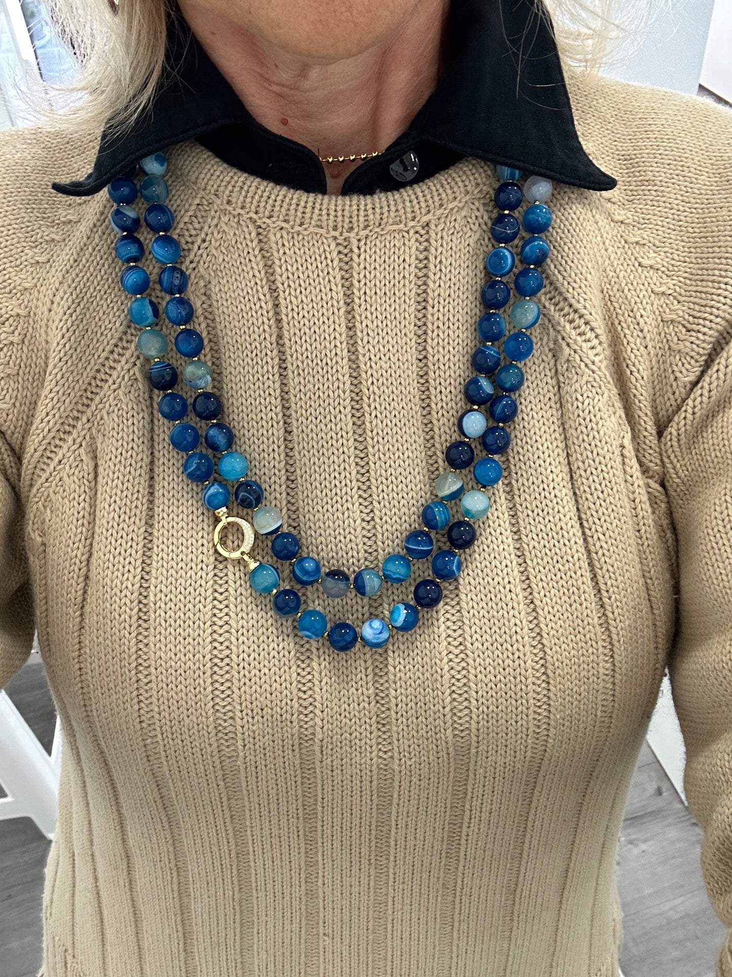 Collana di Agata Blu Striata, Argento e Marcassite