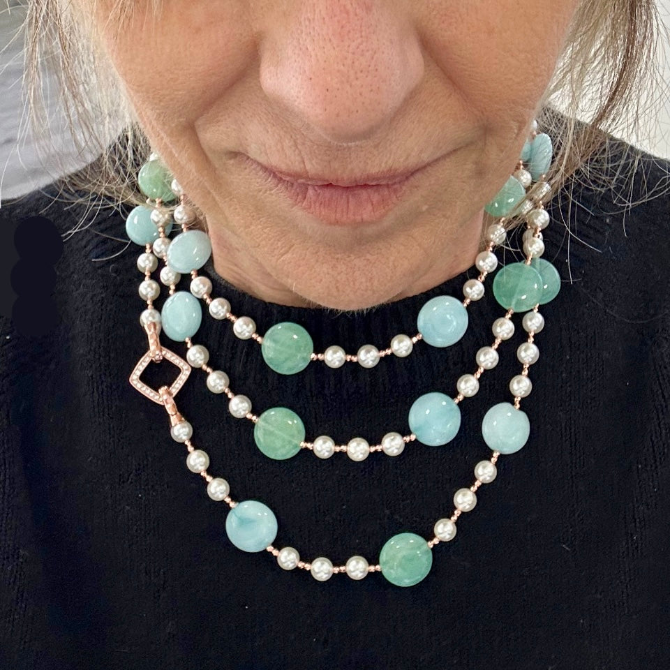Collana in Argento Rosato con Perle, Giada Verde e Azzurra e Marcasite Rosa