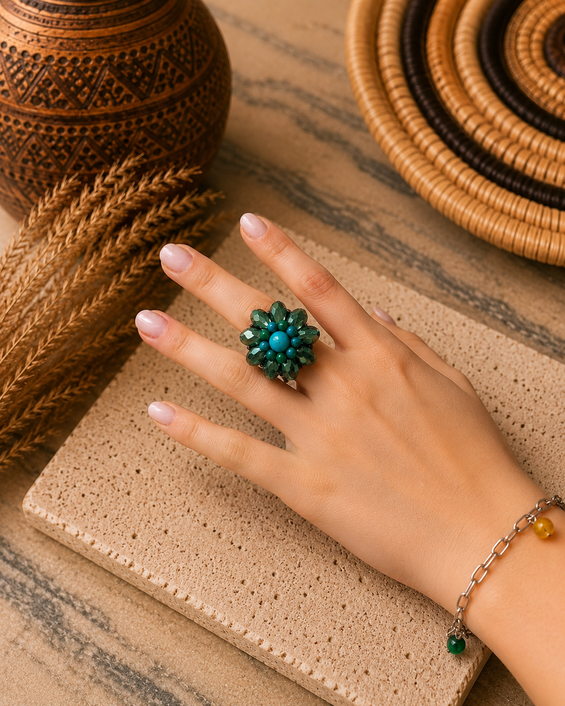 Anello artigianale regolabile con cristalli verde bosco sfaccettati e pietre turchesi su cordino intrecciato in cotone cerato. Indossato