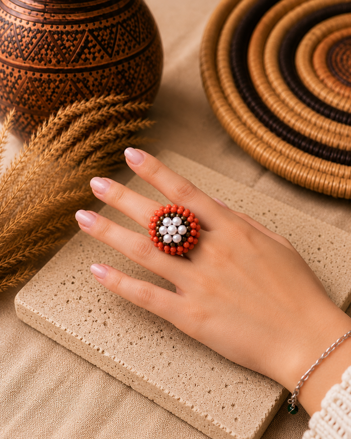 Anello artigianale regolabile con perle naturali, cristalli color corallo e cordino intrecciato in cotone cerato. Indossato