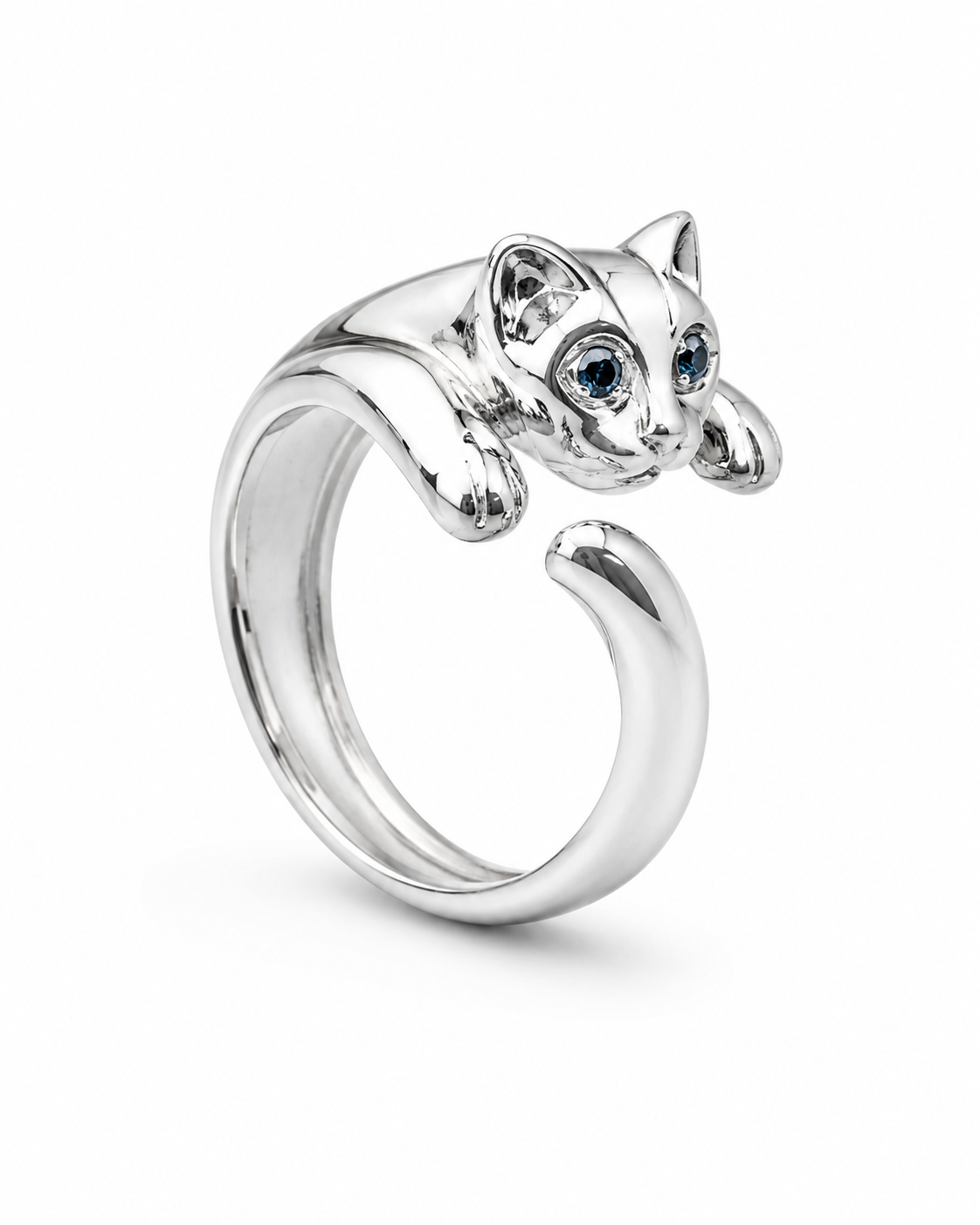 Anello gatto in argento 925 con occhi blu, design regolabile, finitura lucida, gioiello artigianale.