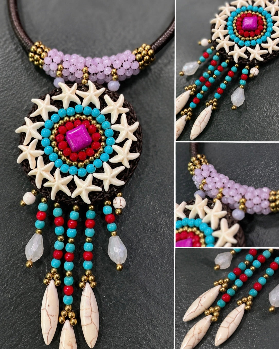 Primo piano collana boho chic con ciondolo etnico colorato, dettagli turchesi, fucsia e pendenti effetto pietra naturale.