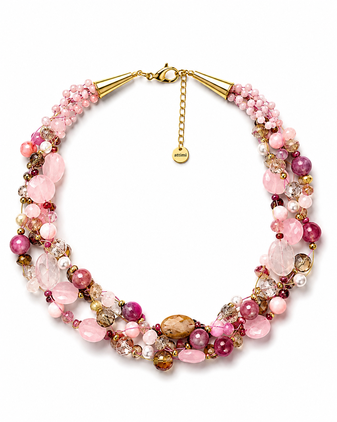Collana intrecciata artigianale con Quarzo Rosa e pietre naturali color melograno finitura chiusura oro