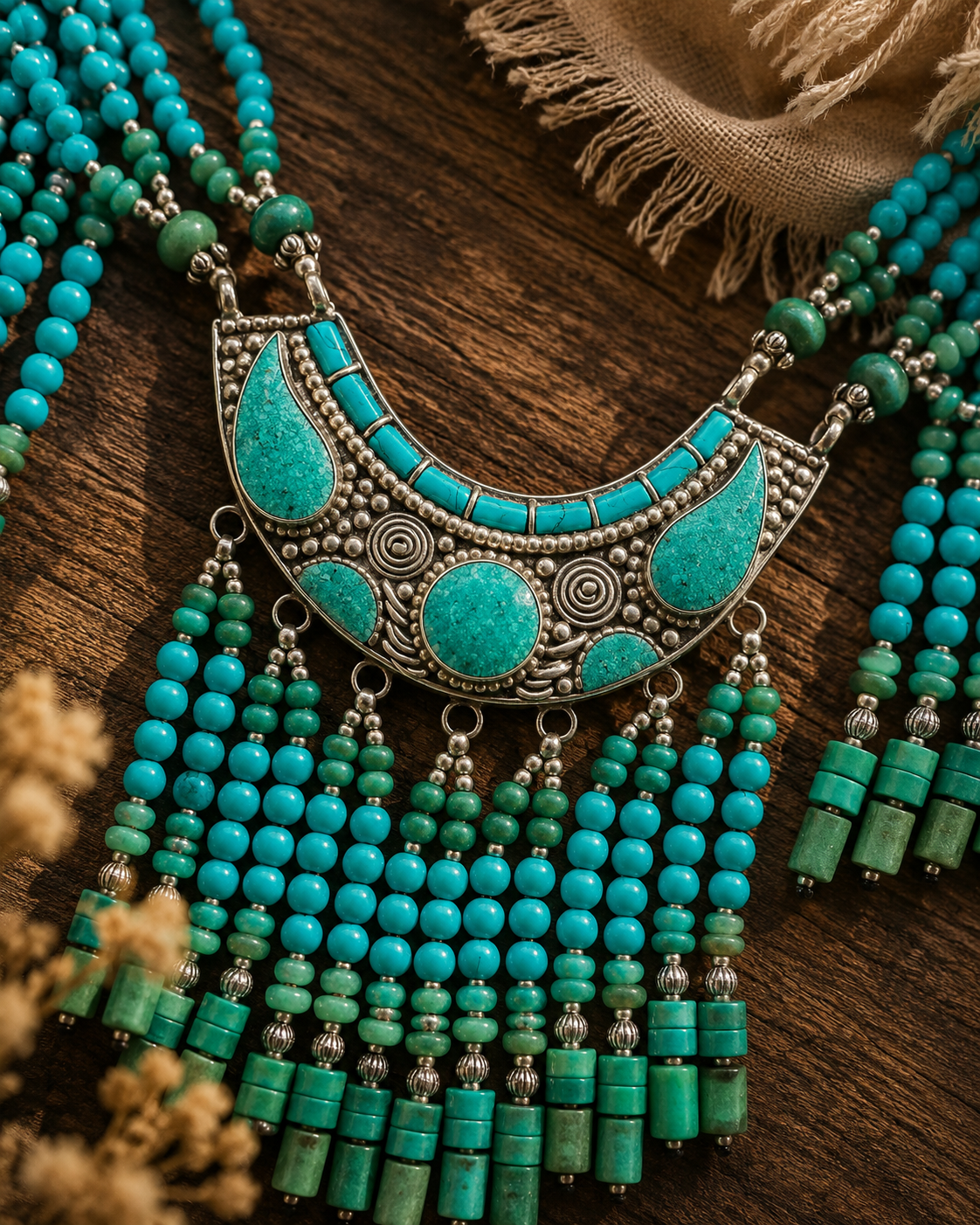 Dettaglio ravvicinato di collana boho tibetana con centrale etnico in metallo argentato, inserti turchesi e perline verdi e azzurre artigianali.