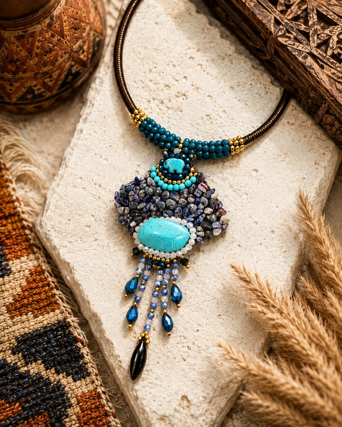 Dettaglio collana artigianale etnica con turchese centrale, cristalli blu e lavorazione boho.