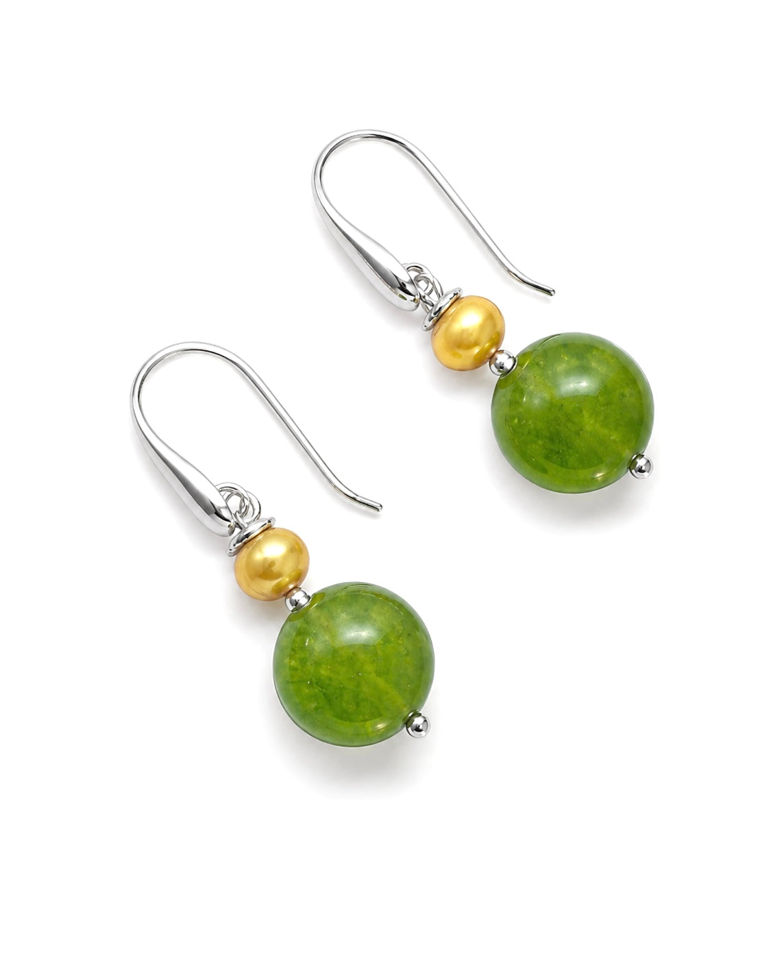 Orecchini pendenti in argento con giada verde e perla gialla, realizzati a mano con pietre naturali.