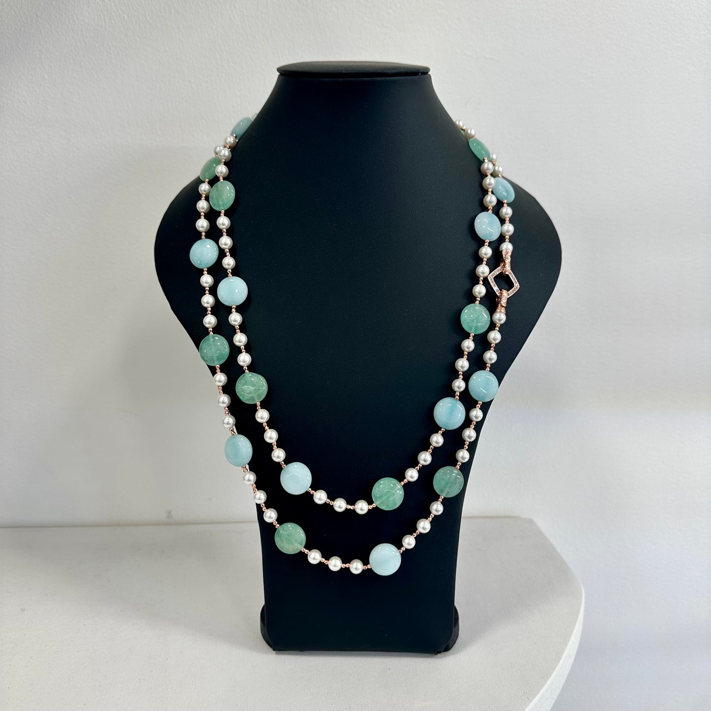 Collana in Argento Rosato con Perle, Giada Verde e Azzurra e Marcasite Rosa