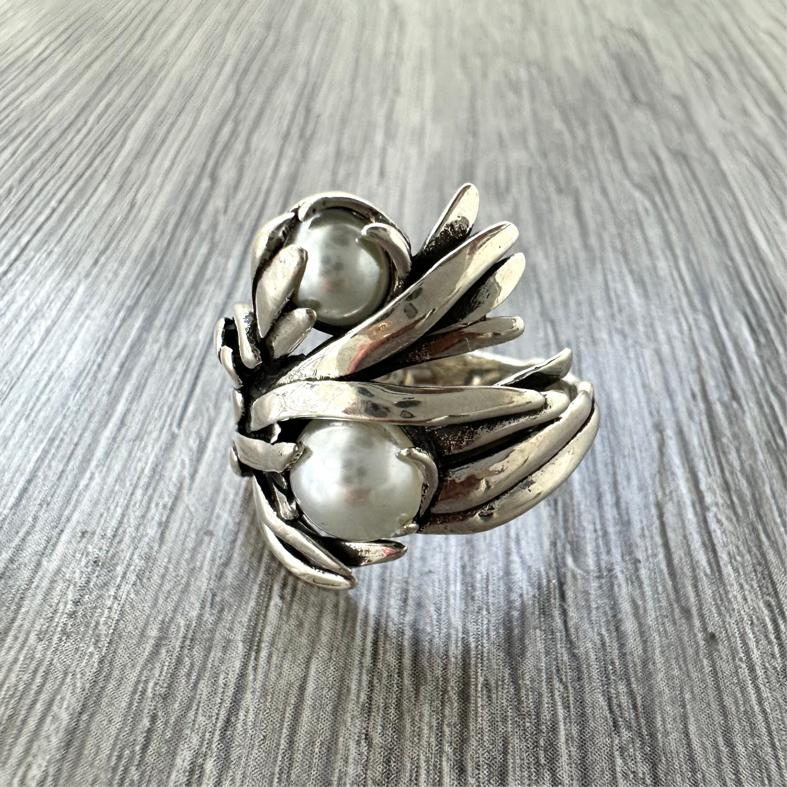 Anello Foglia d’Argento 925 con Perle