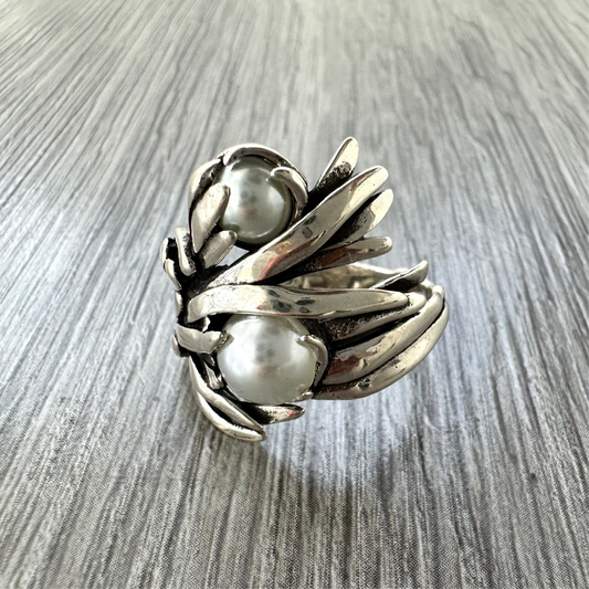 Anello Foglia d’Argento 925 con Perle