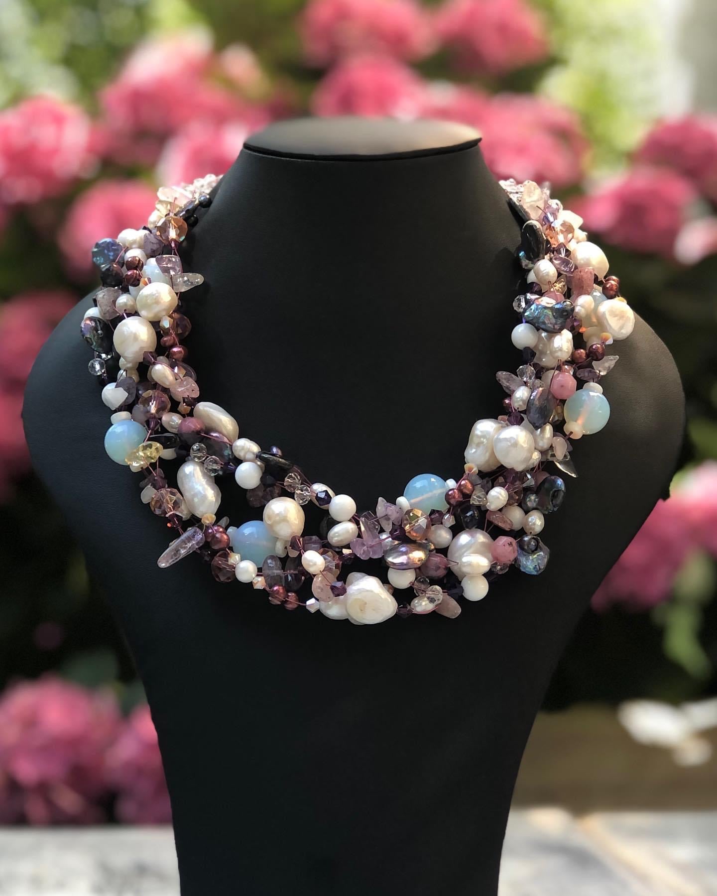 Collana Intrecciata Rosa con Perle