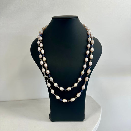 Collana Lunga con Perle Naturali e Cristalli Swarovski