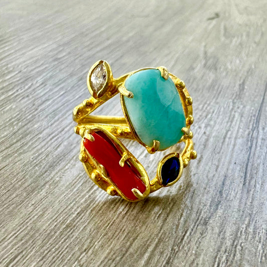 Anello Argento 925 Corallo e Larimar