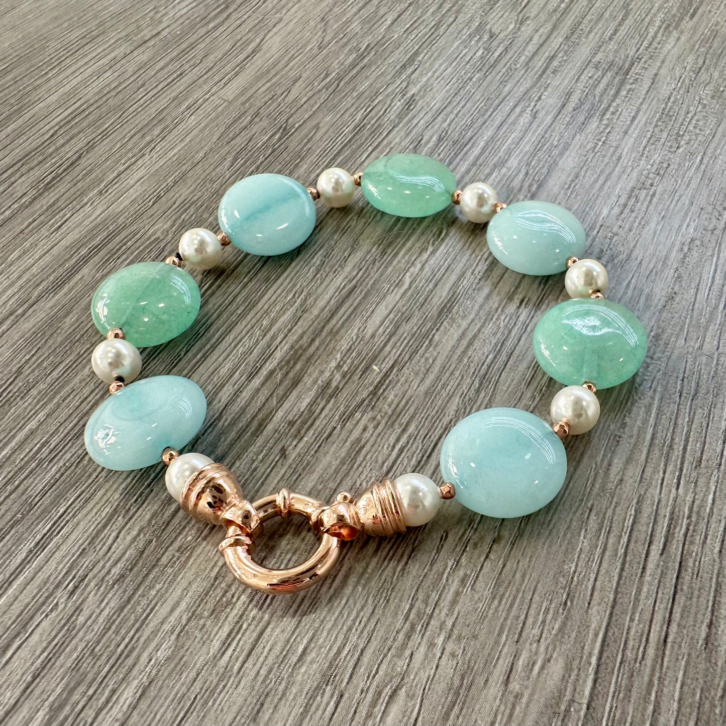 Collana in Argento Rosato con Perle, Giada Verde e Azzurra e Marcasite Rosa