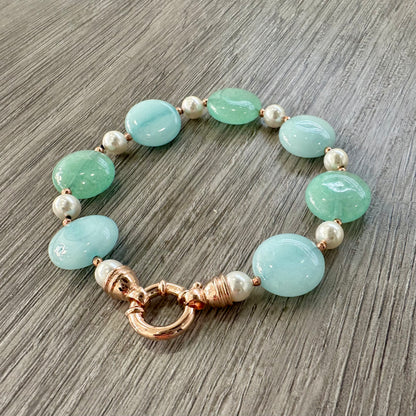Collana in Argento Rosato con Perle, Giada Verde e Azzurra e Marcasite Rosa