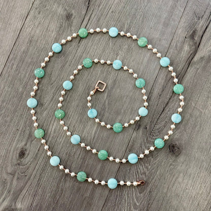 Collana in Argento Rosato con Perle, Giada Verde e Azzurra e Marcasite Rosa