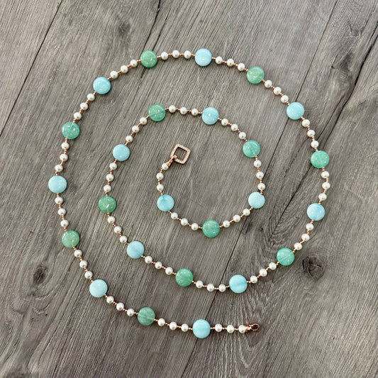 Collana in Argento Rosato con Perle, Giada Verde e Azzurra e Marcasite Rosa
