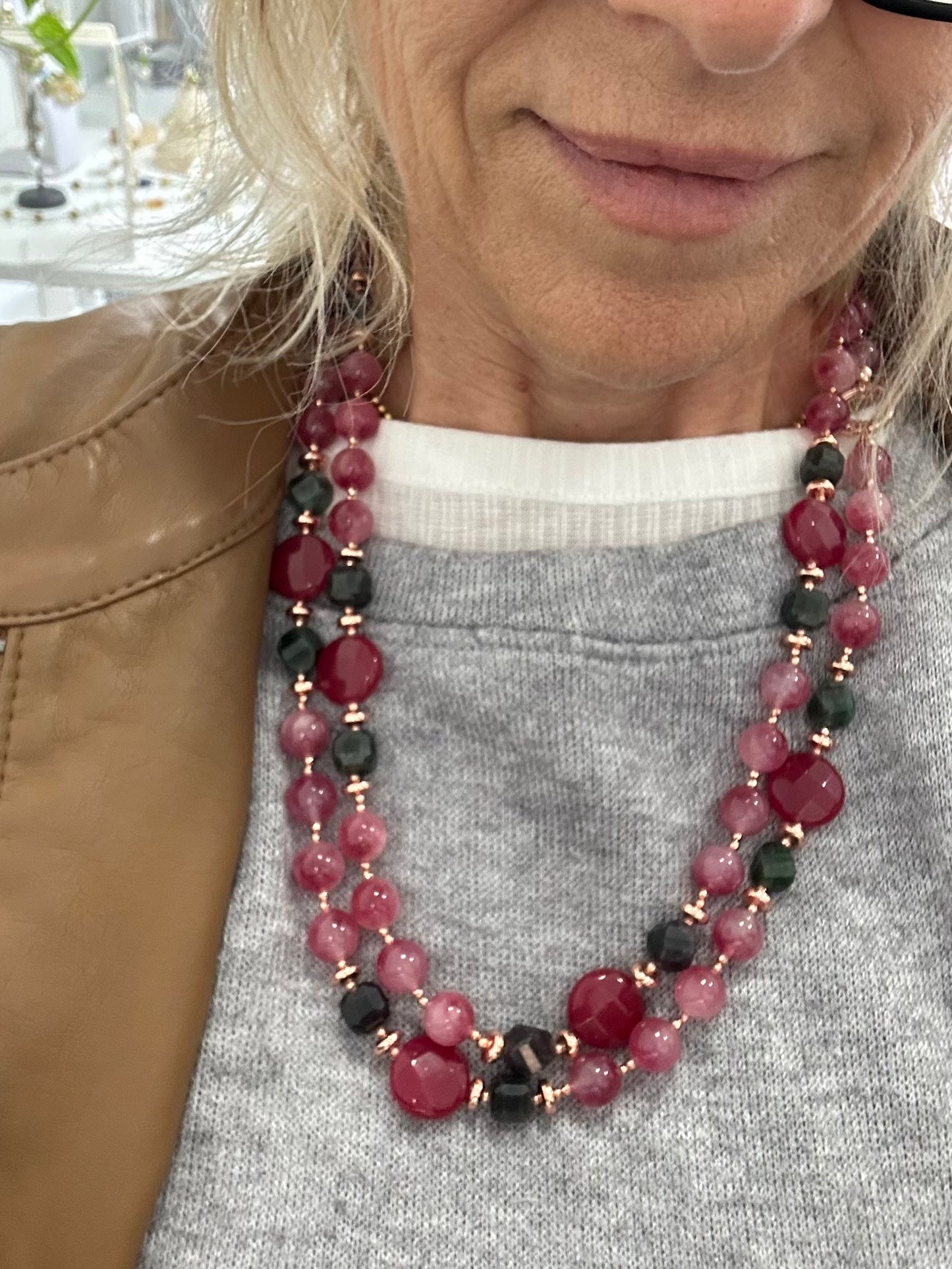 Collana Multicolore di Giada, Tormalina, Ematite e Argento Sterling rosato
