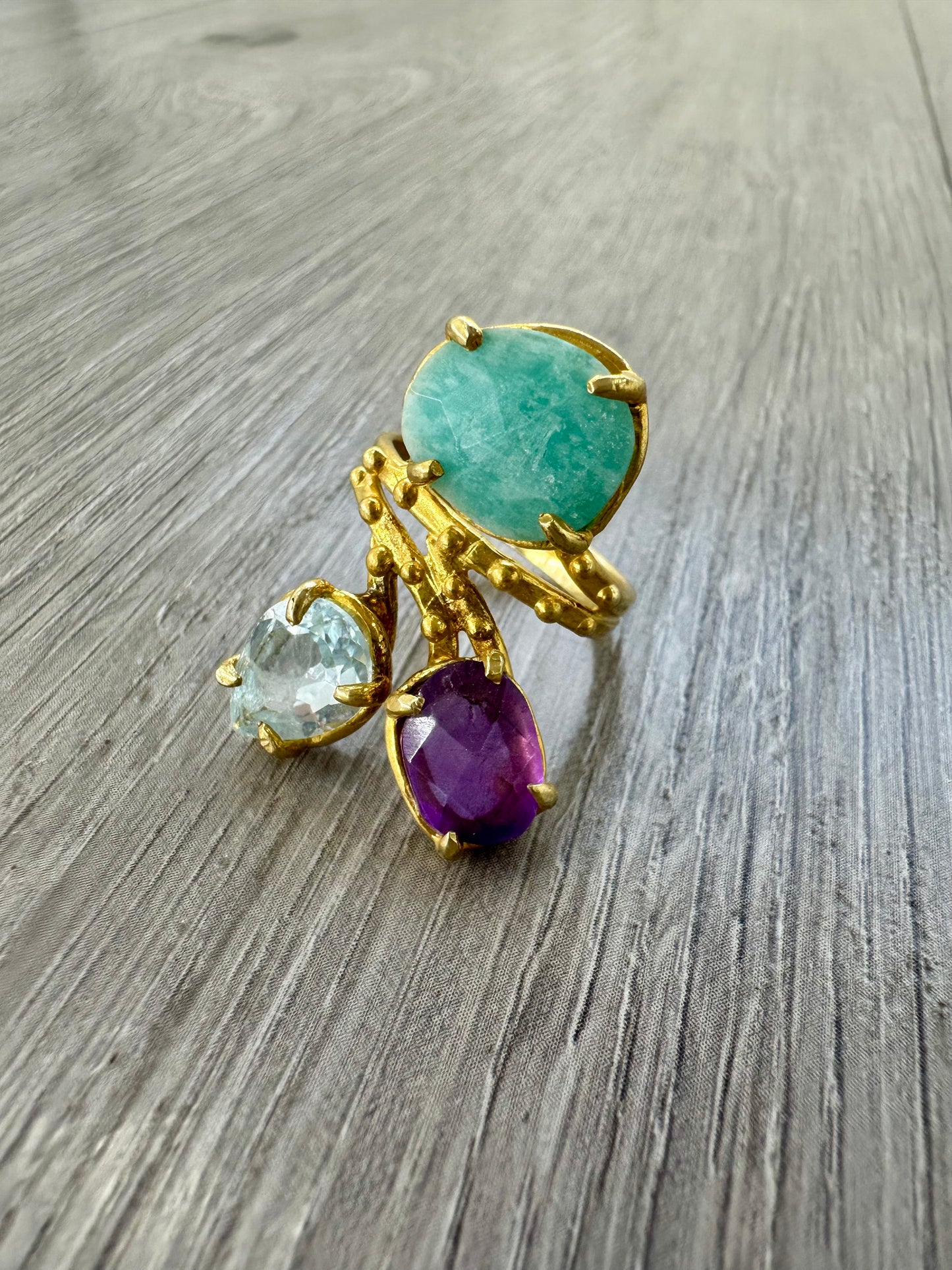 Anello Larimar, Ametista e Topazio in Argento 925 placcato oro