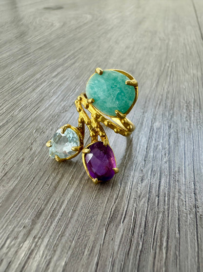 Anello Larimar, Ametista e Topazio in Argento 925 placcato oro