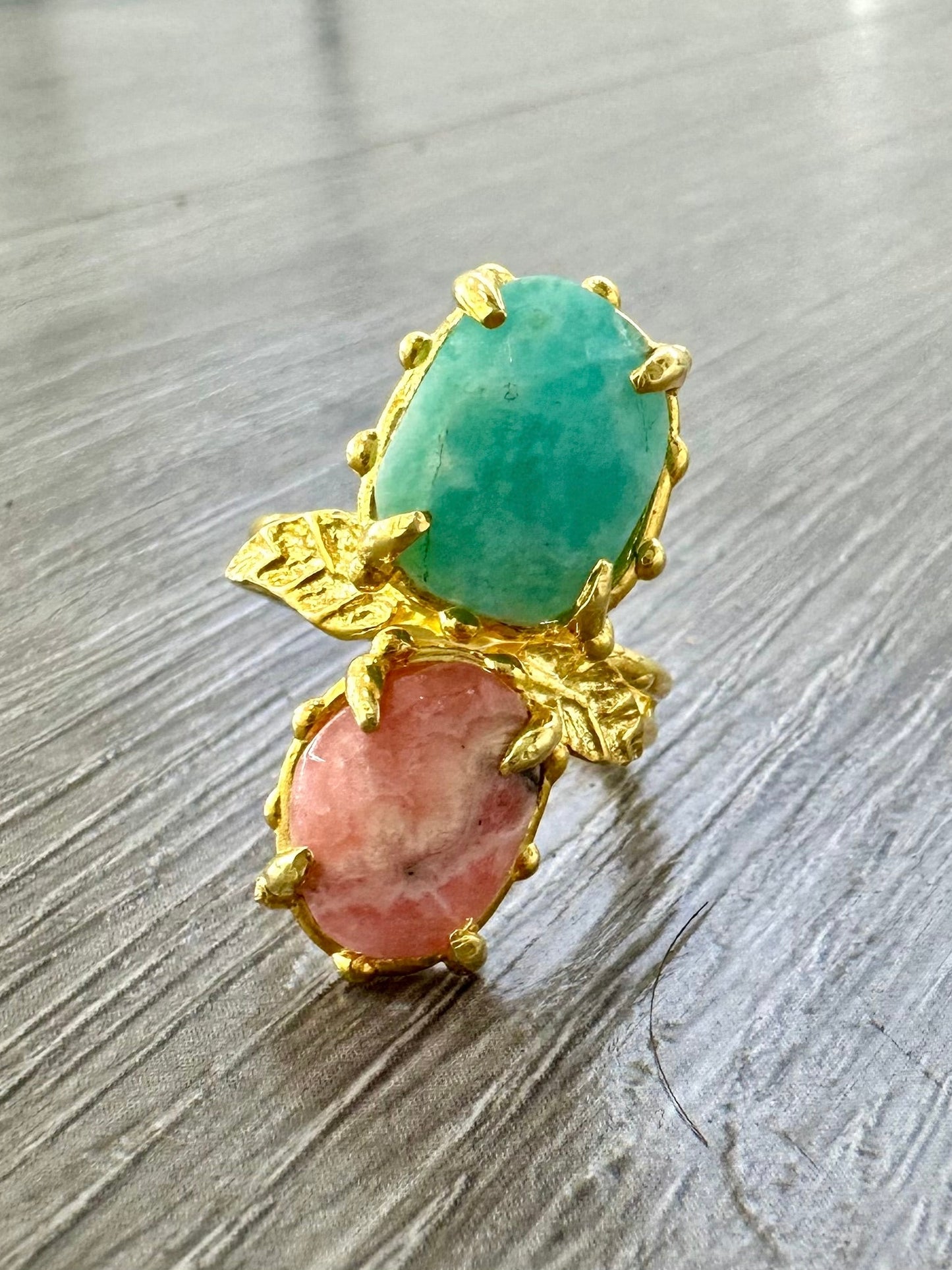 Anello turco argento dorato con Larimar e quarzo rosa 