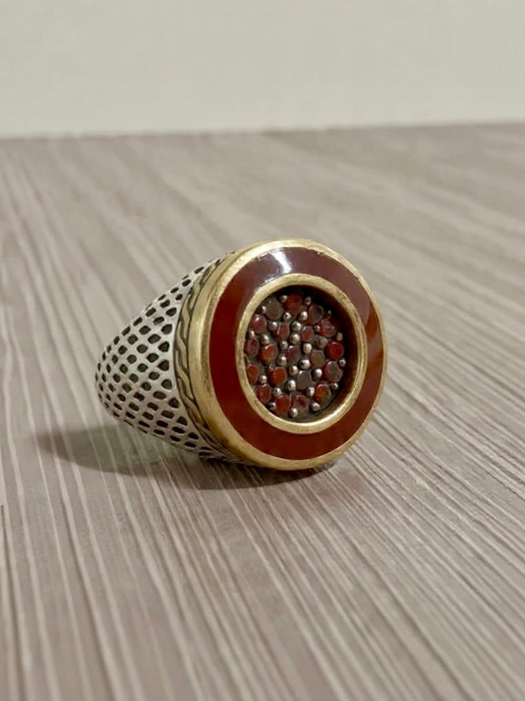 Anello Argento 925 Chevalier Tondo Arancio e Nero