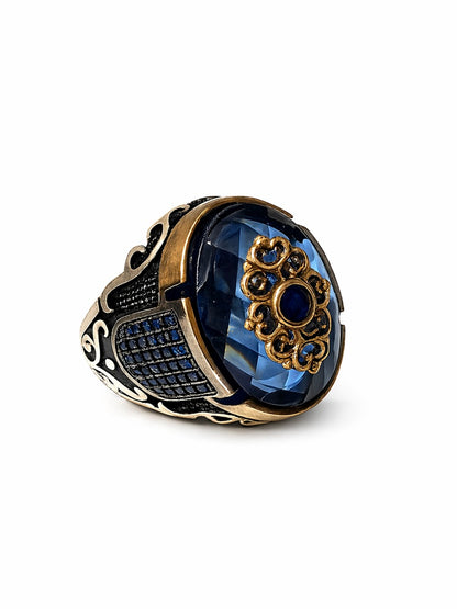 Anello turco in argento 925 con pietra blu intensa stile ottomano elegante