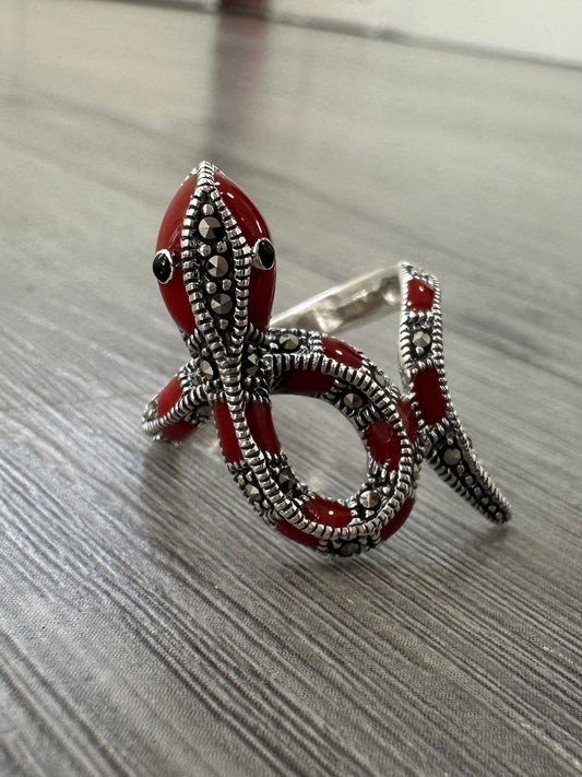 Anello Serpente in Argento 925 e Marcasite con Smalto Rosso - Gioiello Vintage Stile Art Nouveau