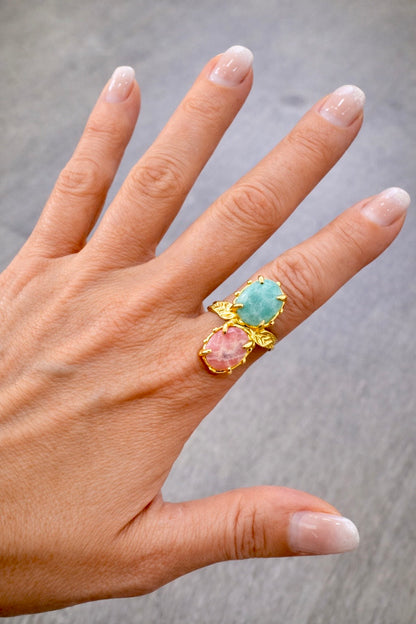 Anello turco argento dorato con Larimar e quarzo rosa 