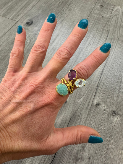 Anello Larimar, Ametista e Topazio in Argento 925 placcato oro
