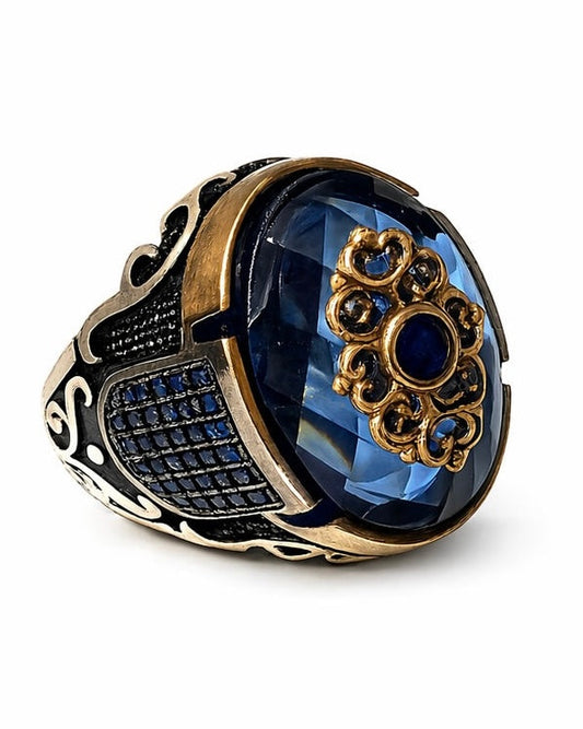 Anello turco in argento 925 con pietra blu intensa stile ottomano elegante