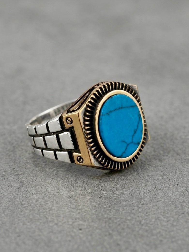 Anello turco in argento 925 con pietra turchese centrale e lavorazione vintage artigianale