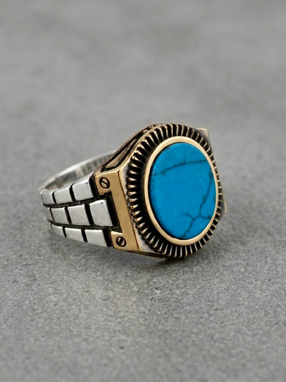 Anello turco in argento 925 con pietra turchese centrale e lavorazione vintage artigianale