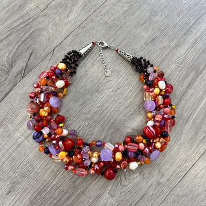Collana Intrecciata Arancio e Viola con Pietre naturali e Perle