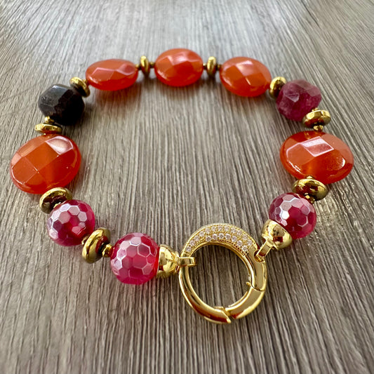 Bracciale in Argento Dorato con Corniola, Giada Tormalina e Agata Rossa