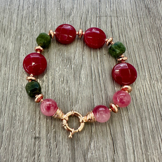Bracciale in Argento Rosato con Giada Tormalina, Giada Oliva e Giada Porpora