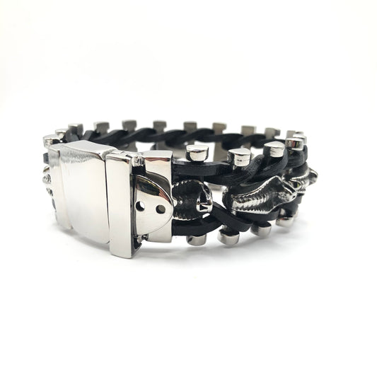 Bracciale in Acciaio e cuoio con teste di cobra stile biker