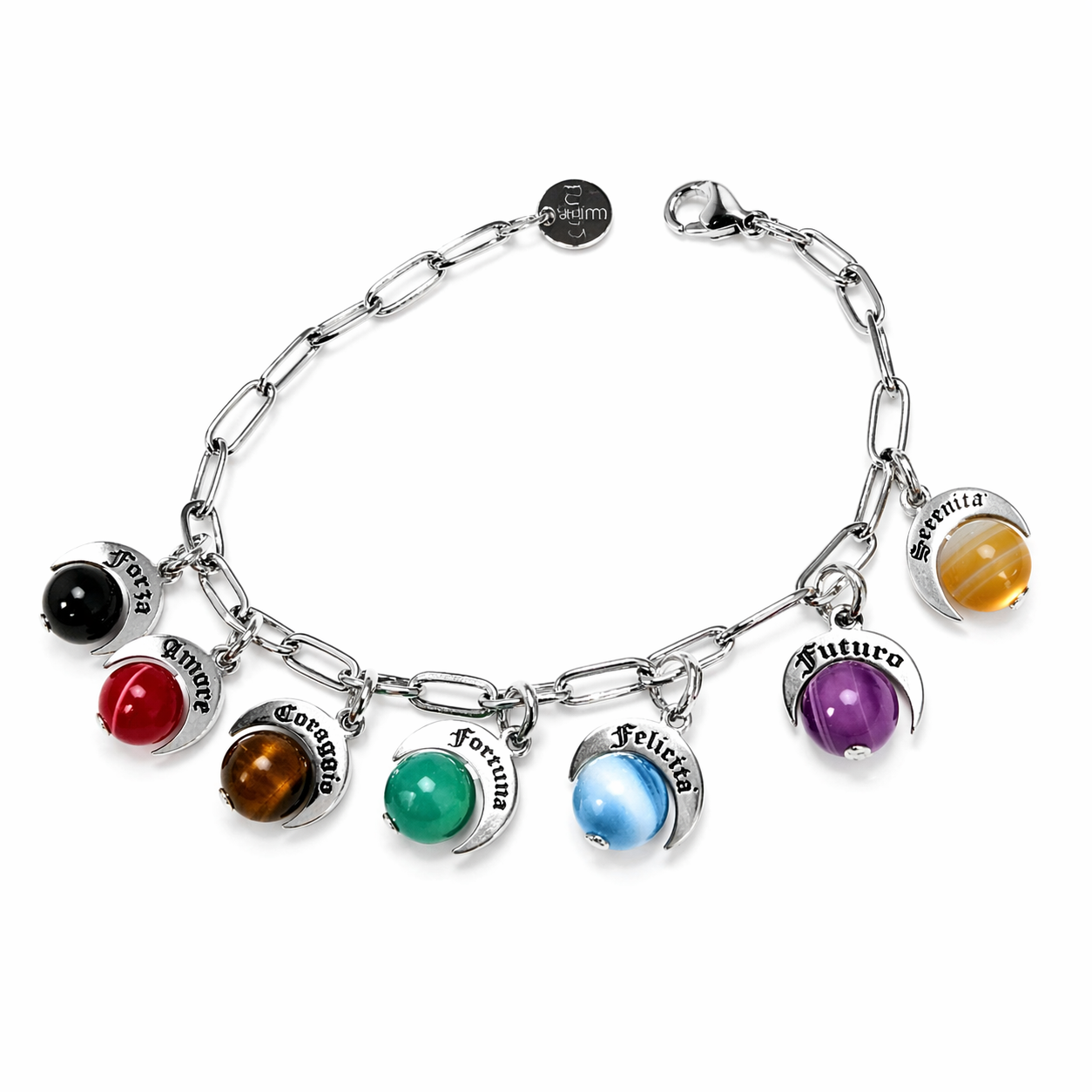 Bracciale talismani in argento 925 con pietre naturali colorate e incisioni gotiche Attimi Gioielli
