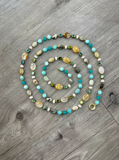 Collana in Amazzonite, Quarzo Citrino, Ematite e Argento Dorato