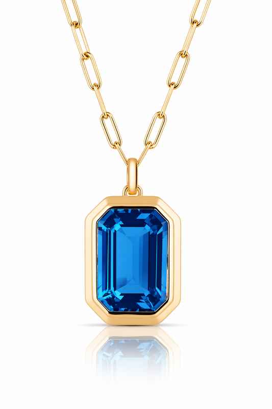 Collana donna acciaio dorato con maglia paperclip e pietra blu rettangolare