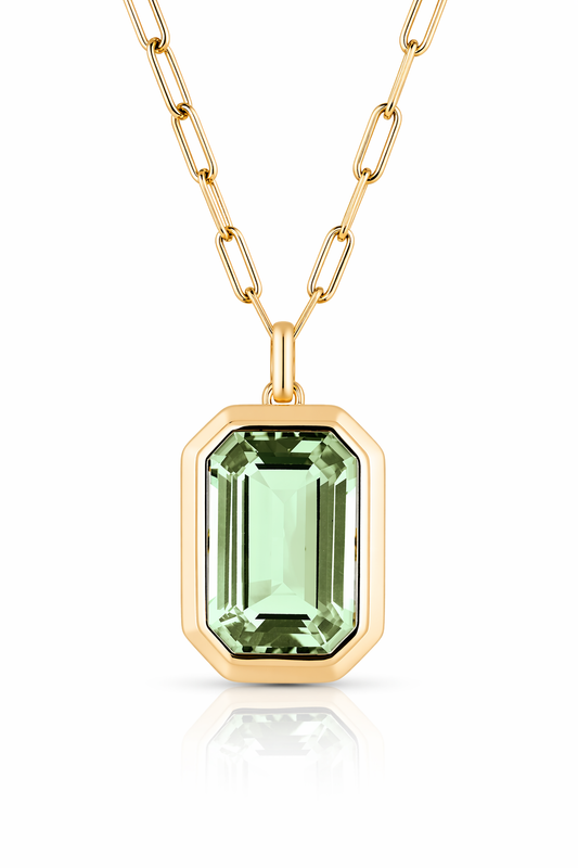 Collana donna acciaio dorato con maglia paperclip e pietra verde rettangolare