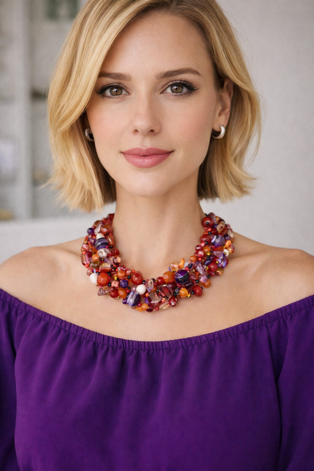 Collana Intrecciata Arancio e Viola con Pietre naturali e Perle