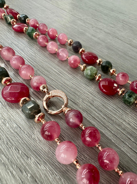 Collana Multicolore di Giada, Tormalina, Ematite e Argento Sterling rosato