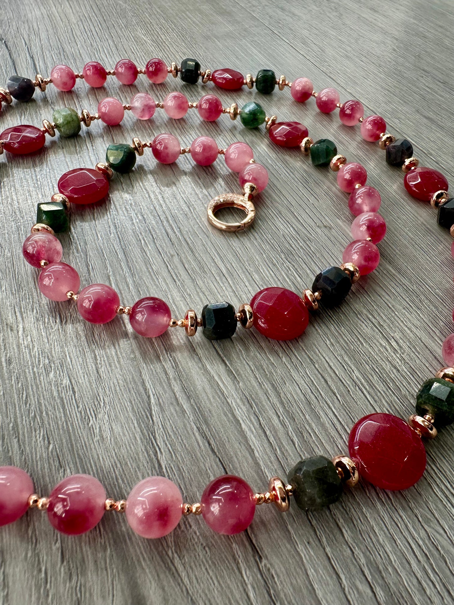Collana Multicolore di Giada, Tormalina, Ematite e Argento Sterling rosato