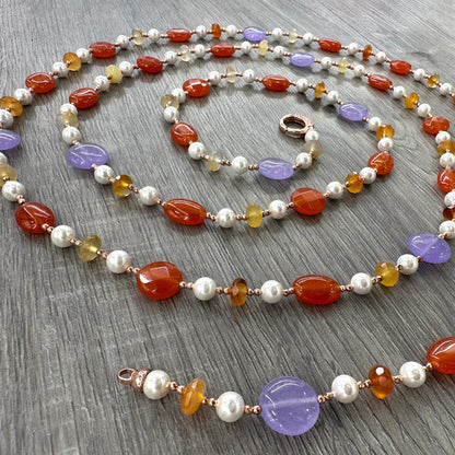 Collana in Giada Viola, Giada Arancio e Corniola con Perle ed Ematite Rosata