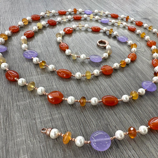 Collana in Giada Viola, Giada Arancio e Corniola con Perle ed Ematite Rosata