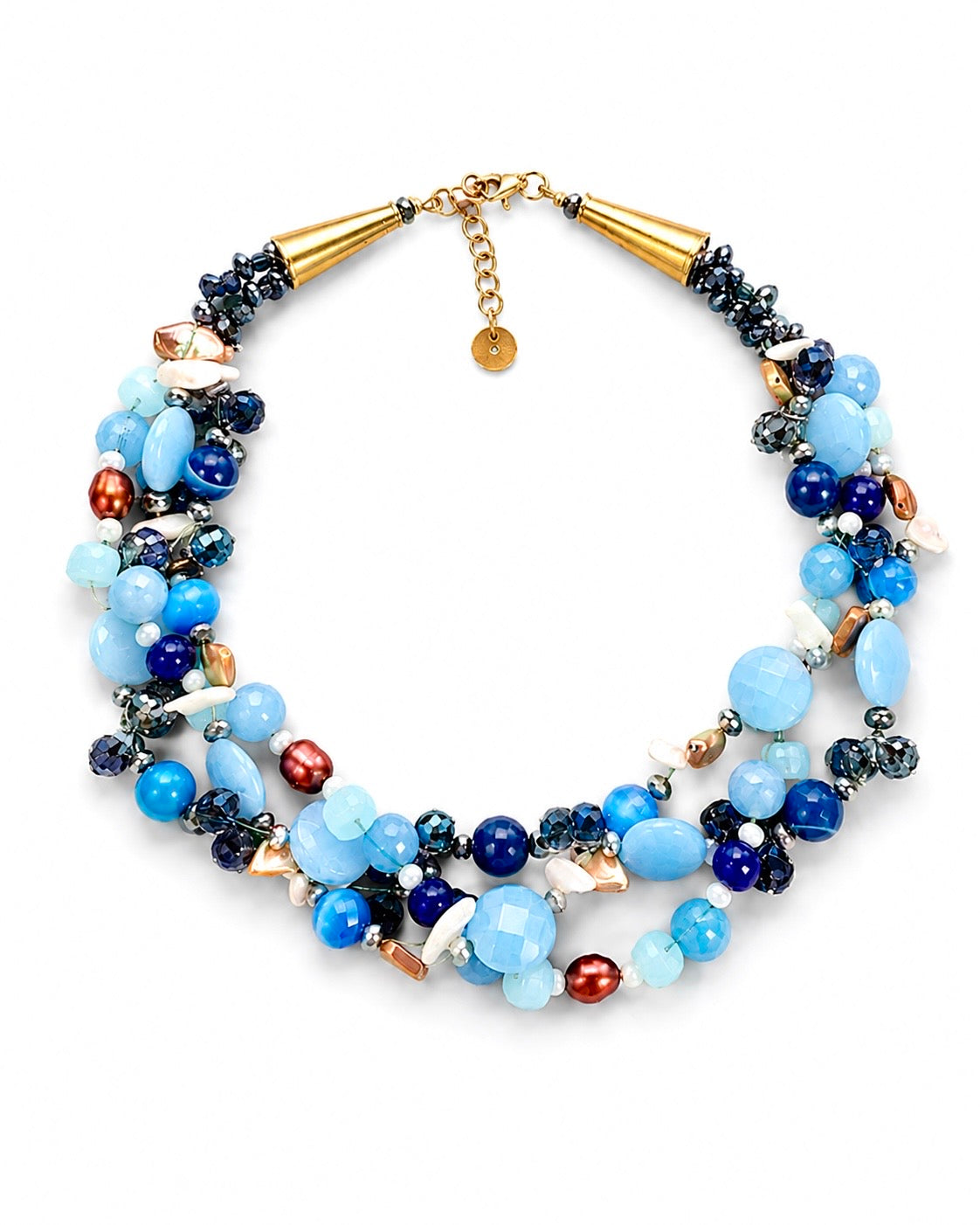 Collana “Essenziale” multifilo con pietre naturali blu, cristalli e perle colorate  design artigianale finitura dorata Attimi Gioielli